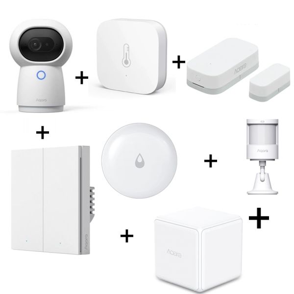 Aqara Bundle Smart Wall Switch, Magic Cube Controller, Door and Window Water Leak & Motion Sensor, Camera Hub