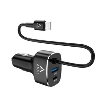 ASLI POWER RIDE XL CAR CHARGER WITH BUILT-IN LIGHTNING CABLE 65W PD BLACK